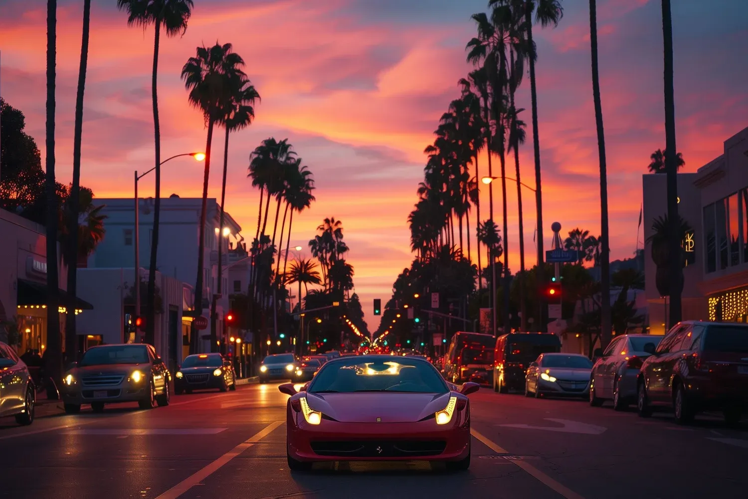 Ferrari 458 driving down a palm-tree-lined street in Beverly Hills during sunset.