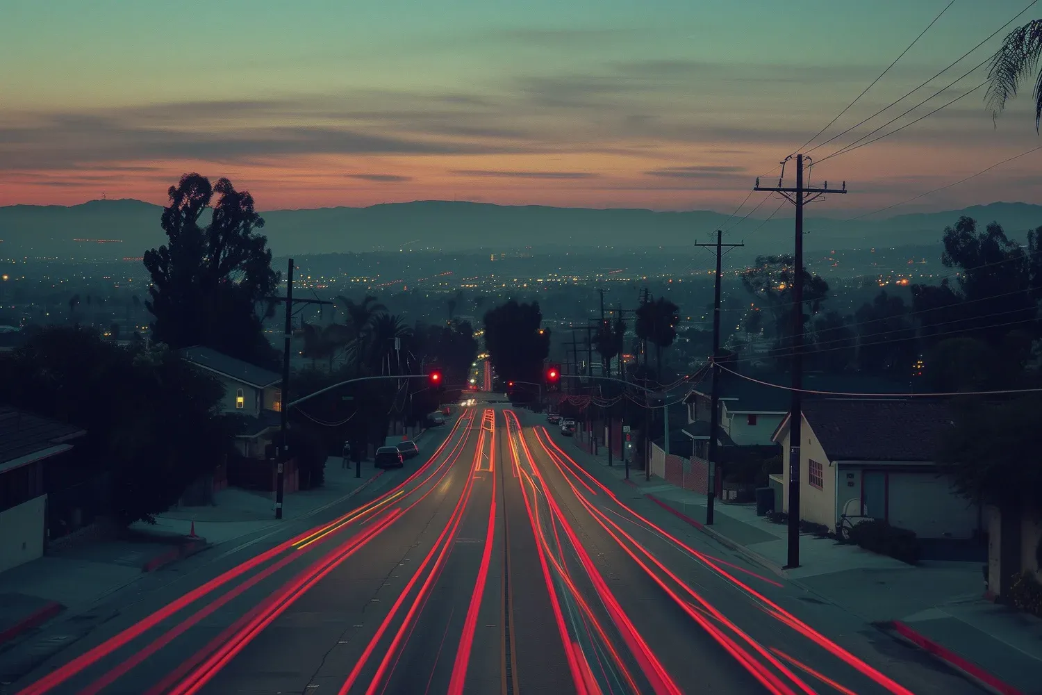 Night view of Culver City, California, with light trails from cars and a view of the city lights in the background.