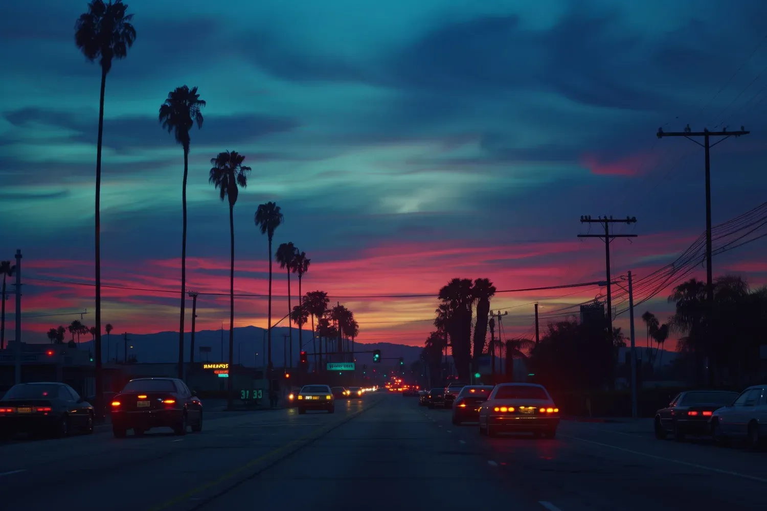A captivating sunset over El Segundo, with palm trees and traffic lights adding to the evening ambiance.