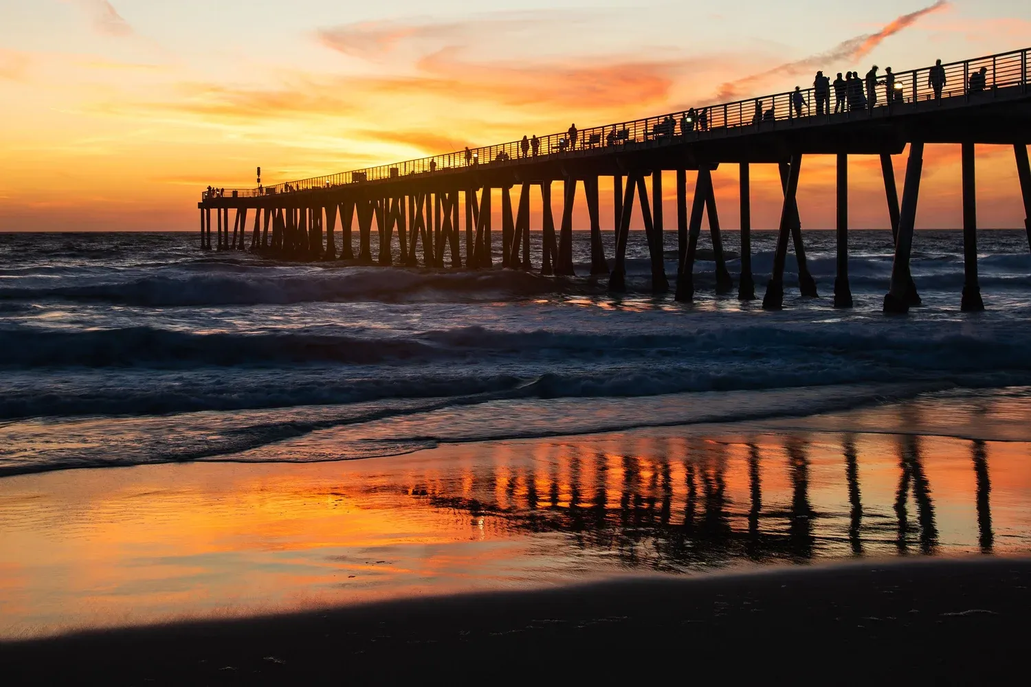 Hermosa Beach pier at sunset with reflections in the water
