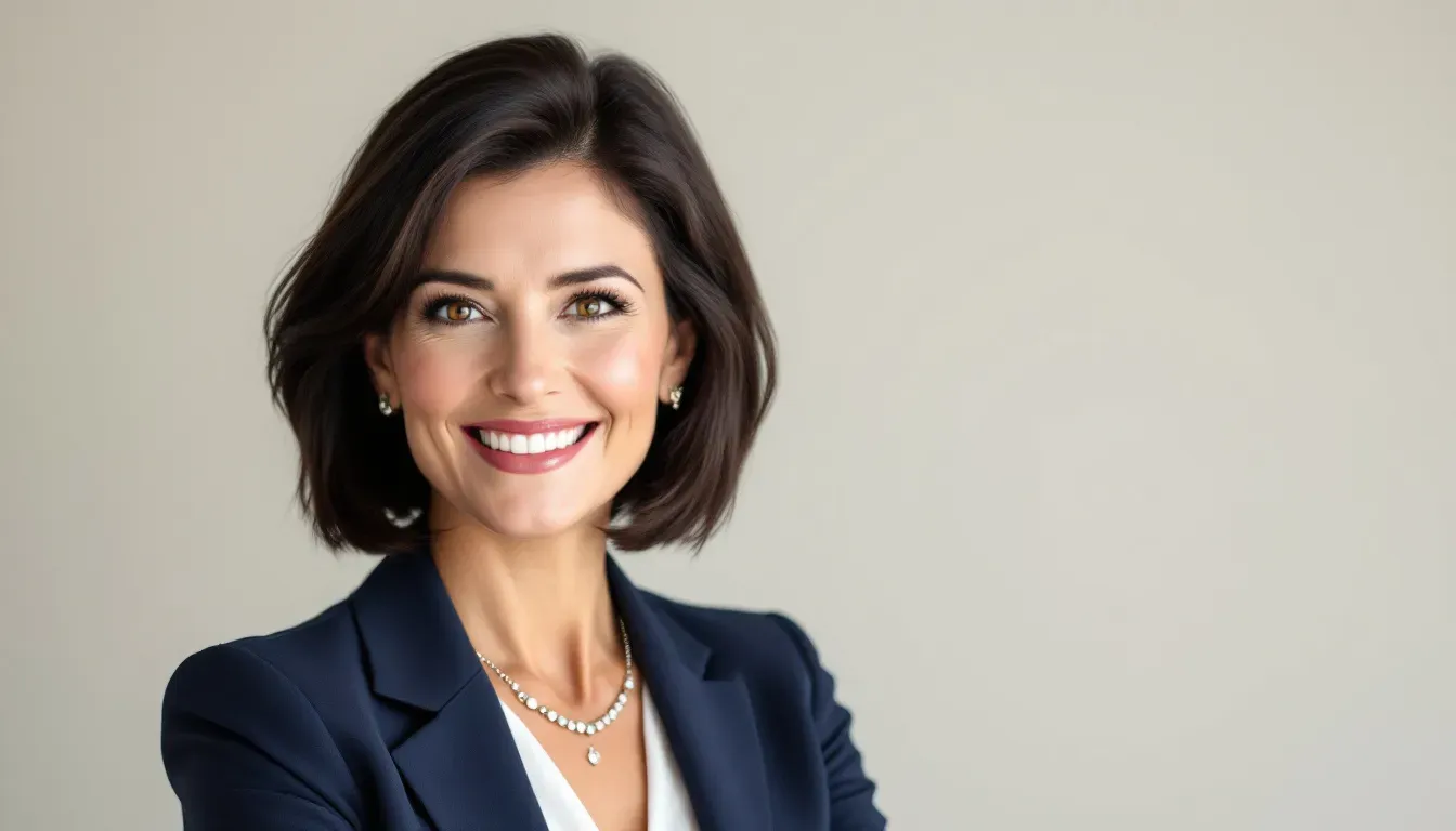 Confident professional woman with short dark hair and a bright smile, dressed in a navy blazer and pearl jewelry, photographed against a light neutral background—ideal for use in executive profiles, LinkedIn, or corporate branding.