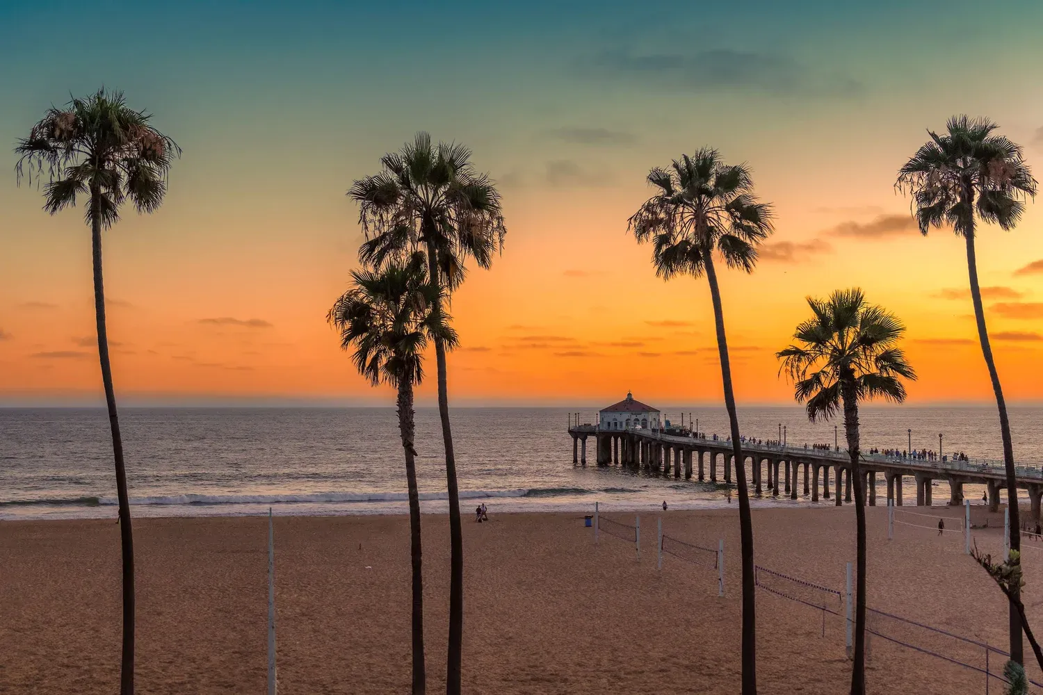 Manhattan Beach pier at sunset with palm trees in the foreground