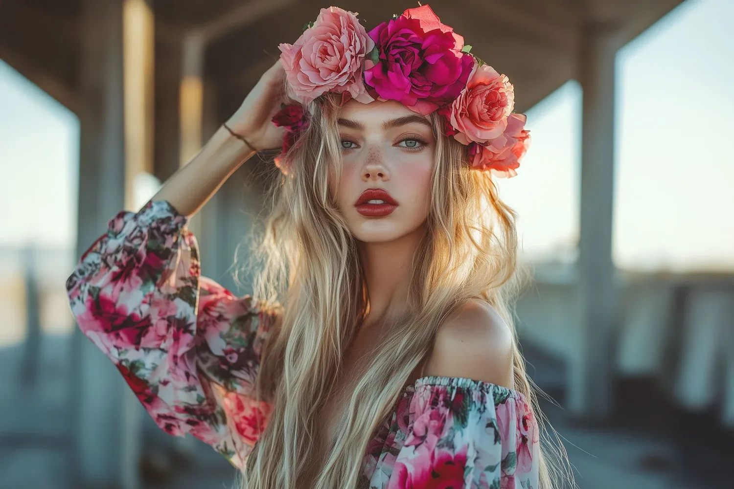 Woman wearing a flower crown and floral dress posing outdoors in soft golden-hour light.