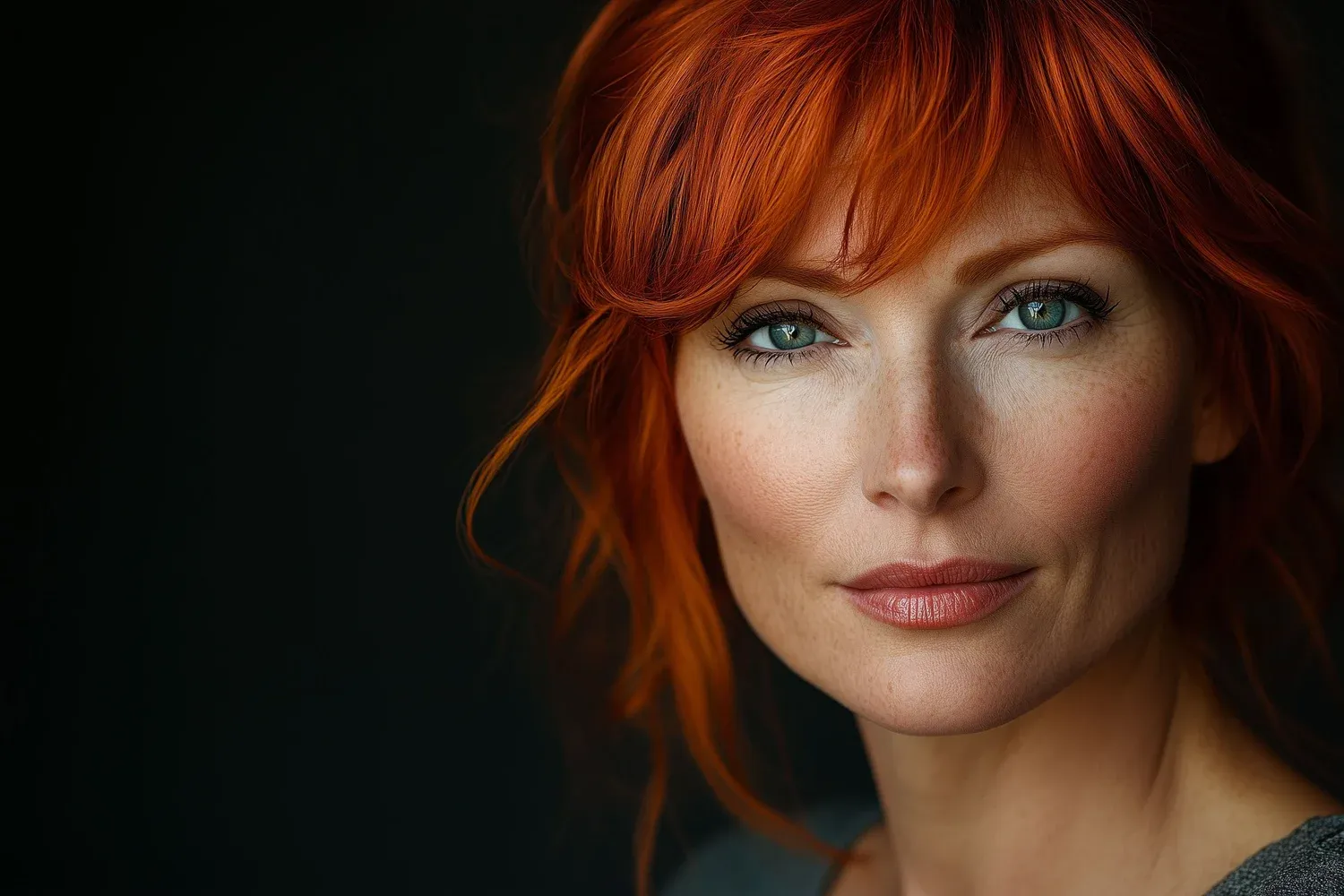 Close-up portrait of a red-haired woman with green-blue eyes, soft freckles, and natural makeup, looking confidently at the camera.