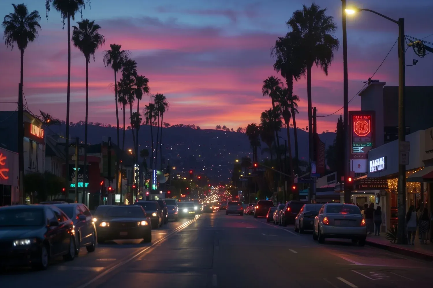West Hollywood street at sunset with cars and palm trees